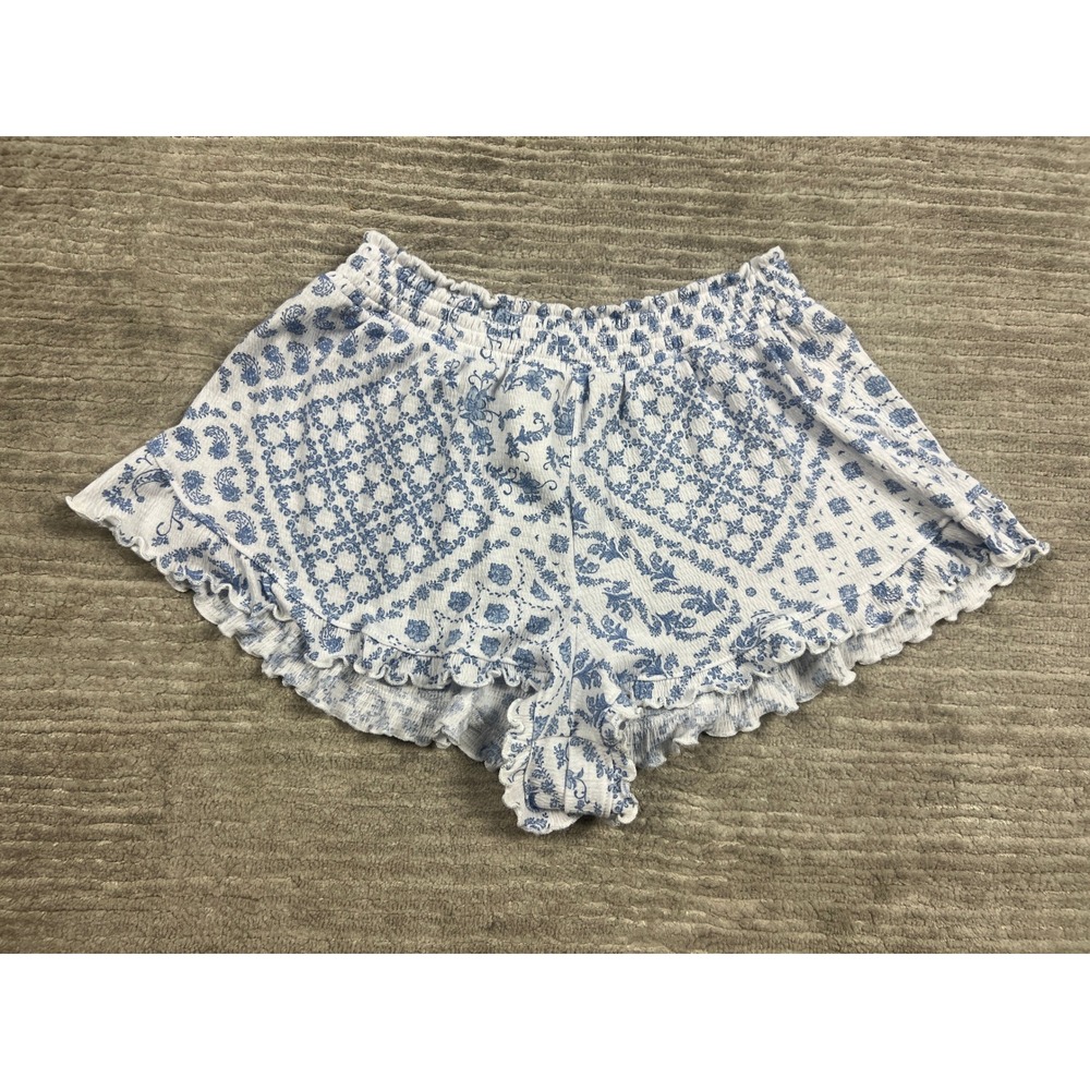 Laura Ashley Pajama Shorts Womens M Blue White Floral Smocked Ruffle Sleepwear